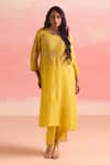 One Not Two_Yellow Kurta Silk Embroidery Floral Round Crushed Asymmetric And Pant Set _at_Aza_Fashions