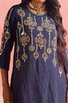 Shop_One Not Two_Blue Kurta Silk Embroidery Floral V-neck Crushed A-line And Pant Set _Online_at_Aza_Fashions