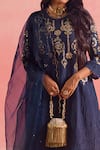 One Not Two_Blue Kurta Silk Embroidery Floral V-neck Crushed A-line And Pant Set _at_Aza_Fashions