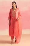 Buy_One Not Two_Coral Kurta Silk And Organza Embroidery Sequins V-neck Buti A-line & Pant Set _at_Aza_Fashions