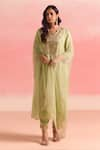 Buy_One Not Two_Green Kurta Silk And Organza Embroidery Sequins V-neck Buti Yoke & Pant Set _at_Aza_Fashions