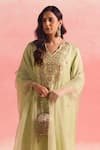 One Not Two_Green Kurta Silk And Organza Embroidery Sequins V-neck Buti Yoke & Pant Set _Online_at_Aza_Fashions