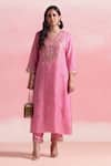 One Not Two_Pink Kurta Silk And Organza Embroidery Crystals Flared A-line & Pant Set _at_Aza_Fashions