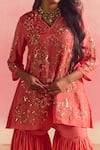 One Not Two_Coral Kurta And Gharara Silk Embroidery V-neck Beads Short With _Online_at_Aza_Fashions