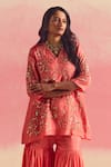 Buy_One Not Two_Coral Kurta And Gharara Silk Embroidery V-neck Beads Short With _Online_at_Aza_Fashions