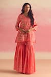 Buy_One Not Two_Coral Kurta And Gharara Silk Embroidery V-neck Beads Short With 