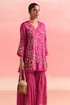 Buy_One Not Two_Pink Kurta And Gharara Silk Embroidery Floral V-neck Sequins Short With _Online_at_Aza_Fashions