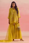 Shop_One Not Two_Yellow Kurta And Gharara Silk Embroidery Floral V-neck Short With _Online_at_Aza_Fashions