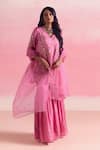 Buy_One Not Two_Pink Kurta And Gharara Silk Embroidery Floral V-neck Motif Short With 