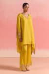 One Not Two_Yellow Kurta Silk Embroidery Stones V-neck Crystals Panelled And Pant Set _at_Aza_Fashions