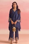 Buy_One Not Two_Blue Kurta Silk Embroidery Stones V-neck Sequins Asymmetric And Pant Set _at_Aza_Fashions