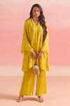 Buy_One Not Two_Yellow Kurta Silk Embroidery Stones V-neck Sequins Pleated Yoke And Pant Set _at_Aza_Fashions