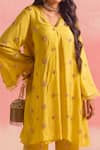 One Not Two_Yellow Kurta Silk Embroidery Stones V-neck Sequins Pleated Yoke And Pant Set _Online_at_Aza_Fashions