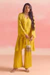 Shop_One Not Two_Yellow Kurta Silk Embroidery Stones V-neck Sequins Pleated Yoke And Pant Set _Online_at_Aza_Fashions