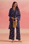 Buy_One Not Two_Blue Kurta Silk Embroidery Stones V-neck Buti Scallop Edged And Pant Set _Online_at_Aza_Fashions