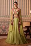 Buy_Pankti Chheda_Green Silk Embroidery Applique Scoop Neck Gardenia Cape And Lehenga Set _at_Aza_Fashions