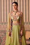 Pankti Chheda_Green Silk Embroidery Applique Scoop Neck Gardenia Cape And Lehenga Set _Online_at_Aza_Fashions