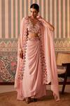 Pankti Chheda_Pink Silk Embroidery Applique Cutwork V Phool Mahal Cape And Draped Skirt Set _Online_at_Aza_Fashions