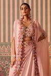 Shop_Pankti Chheda_Pink Silk Embroidery Applique Cutwork V Phool Mahal Cape And Draped Skirt Set _Online_at_Aza_Fashions