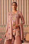 Pankti Chheda_Pink Silk Embroidery Applique V Neck Bahara Kurti Palazzo Set _Online_at_Aza_Fashions