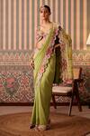 Buy_Pankti Chheda_Green Silk Embroidery Applique V Paisley Bloom Cutwork Border Saree With Blouse _at_Aza_Fashions