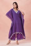 Buy_Rar Studio_Purple Chanderi Handloom Embroidery Dori Leaf Neck Bloom Kaftan Set _at_Aza_Fashions