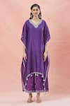 Rar Studio_Purple Chanderi Handloom Embroidery Dori Leaf Neck Bloom Kaftan Set _Online_at_Aza_Fashions