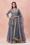 Buy_Rar Studio_Grey Chanderi Handloom Embroidery Dori Paan Patta Peplum Kurti And Lehenga Set _at_Aza_Fashions