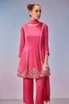 Zamoraa The Label_Pink Georgette Hand Embroidery Floral Round Neck Kurta Pant Set _Online_at_Aza_Fashions