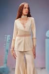 Zamoraa The Label_Ivory Chanderi Silk Hand Embroidery Beads V Neck Blazer With Pant _Online_at_Aza_Fashions