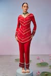 Buy_Zamoraa The Label_Red Georgette Hand Embroidery Beads Spread V Neck Tassel Kurta With Pant _at_Aza_Fashions