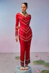 Zamoraa The Label_Red Georgette Hand Embroidery Beads Spread V Neck Tassel Kurta With Pant _Online_at_Aza_Fashions