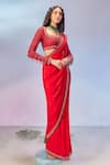 Buy_Zamoraa The Label_Red Georgette Hand Embroidery Beads Paan Neck Pre-draped Saree With Blouse _at_Aza_Fashions