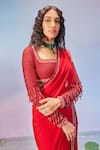 Zamoraa The Label_Red Georgette Hand Embroidery Beads Paan Neck Pre-draped Saree With Blouse _Online_at_Aza_Fashions