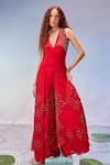 Buy_Zamoraa The Label_Red Georgette Hand Embroidery Beads V Neck Tassel Jumpsuit _at_Aza_Fashions