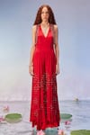 Zamoraa The Label_Red Georgette Hand Embroidery Beads V Neck Tassel Jumpsuit _Online_at_Aza_Fashions