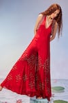 Buy_Mukta Sabharwal_Red Georgette Hand Embroidery Beads V Neck Tassel Jumpsuit _Online_at_Aza_Fashions