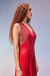 Shop_Zamoraa The Label_Red Georgette Hand Embroidery Beads V Neck Tassel Jumpsuit _Online_at_Aza_Fashions