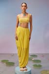 Buy_Zamoraa The Label_Yellow Georgette Hand Embroidery Diamond Square Neck Cutwork Blouse With Skirt _at_Aza_Fashions