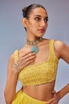 Zamoraa The Label_Yellow Georgette Hand Embroidery Diamond Square Neck Cutwork Blouse With Skirt _Online_at_Aza_Fashions