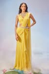 Buy_Zamoraa The Label_Yellow Georgette Hand Embroidery Pearl Jewel Pre-draped Saree With Blouse _at_Aza_Fashions