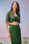 Shop_Zamoraa The Label_Green Skirt - Georgette Embellished Sequin Jacket Open Floral And Draped Set _at_Aza_Fashions