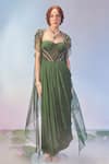 Buy_Zamoraa The Label_Green Georgette Hand Embroidery Beads Sweetheart Neck Cape With Corset Dress _at_Aza_Fashions