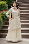 Buy_Samyukta Singhania_Off White Chinon Jaal Round Floral Work Straight Kurta Sharara Set _at_Aza_Fashions