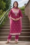 Buy_Samyukta Singhania_Pink Kurta Dola Silk Hand Work Bead Notched Floral Detailed Yoke Pant Set _at_Aza_Fashions