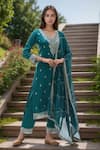 Buy Naintara Bajaj Green Denim, Satin, Organza Sequins, Straight Kurta Set Scallop Hem Dupatta at Aza Fashions Buy_Naintara Bajaj_Green Denim, Satin, Organza Sequins, Straight Kurta Set Scallop Hem Dupatta _at_Aza_Fashions