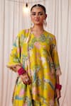 Chrkha_Green Chanderi Silk Printed Floral Bird V Neck Embroidered Kurta Sharara Set _Online_at_Aza_Fashions