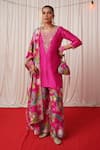 Chrkha_Pink Chanderi Silk Printed Floral Bird Round Pearl Embroidered Kurta Pant Set _Online_at_Aza_Fashions