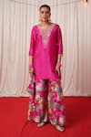 Shop_Chrkha_Pink Chanderi Silk Printed Floral Bird Round Pearl Embroidered Kurta Pant Set _Online_at_Aza_Fashions