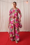 Chrkha_Pink Chanderi Silk Printed Floral Bird V Neck Pearl Embroidered Kurta Pant Set _Online_at_Aza_Fashions